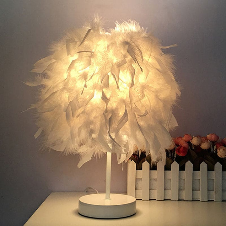Rund fjærlampe - dekorativ bordlampe for stue, nattbord & batteri, dimbar, trådløs | Luvikno