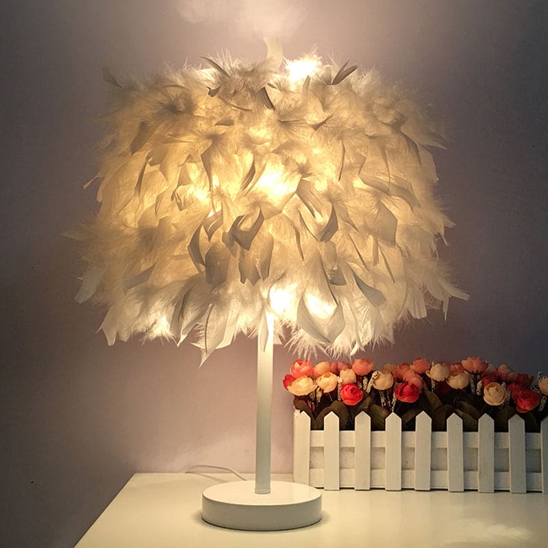 Rund fjærlampe - dekorativ bordlampe for stue, nattbord & batteri, dimbar, trådløs | Luvikno
