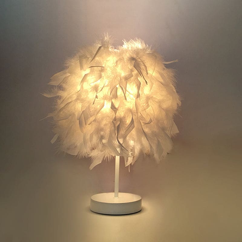 Rund fjærlampe - dekorativ bordlampe for stue, nattbord & batteri, dimbar, trådløs | Luvikno