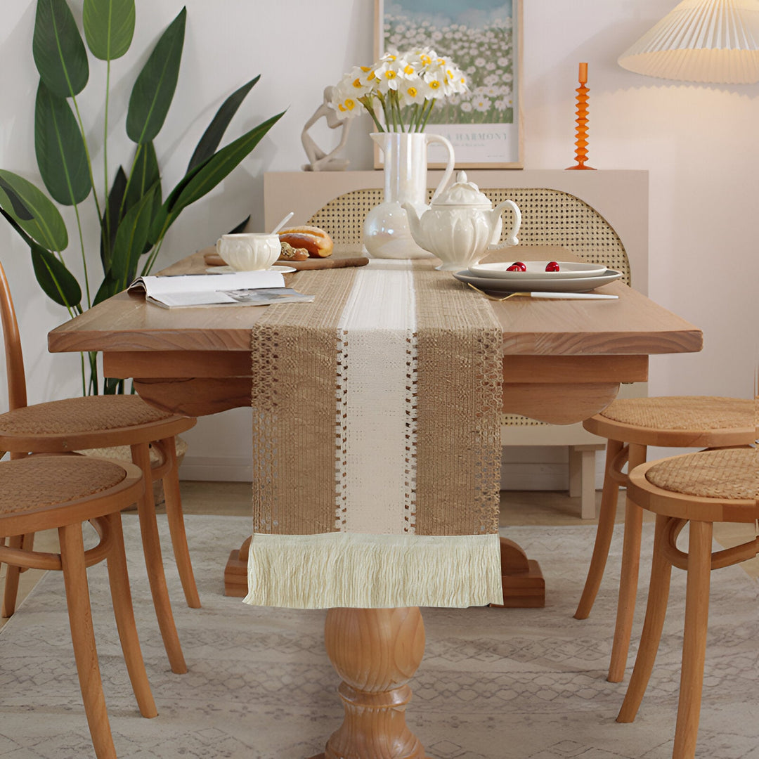 Boho Makrame Bomull Lin Table Runner med Frynser | Luvikno