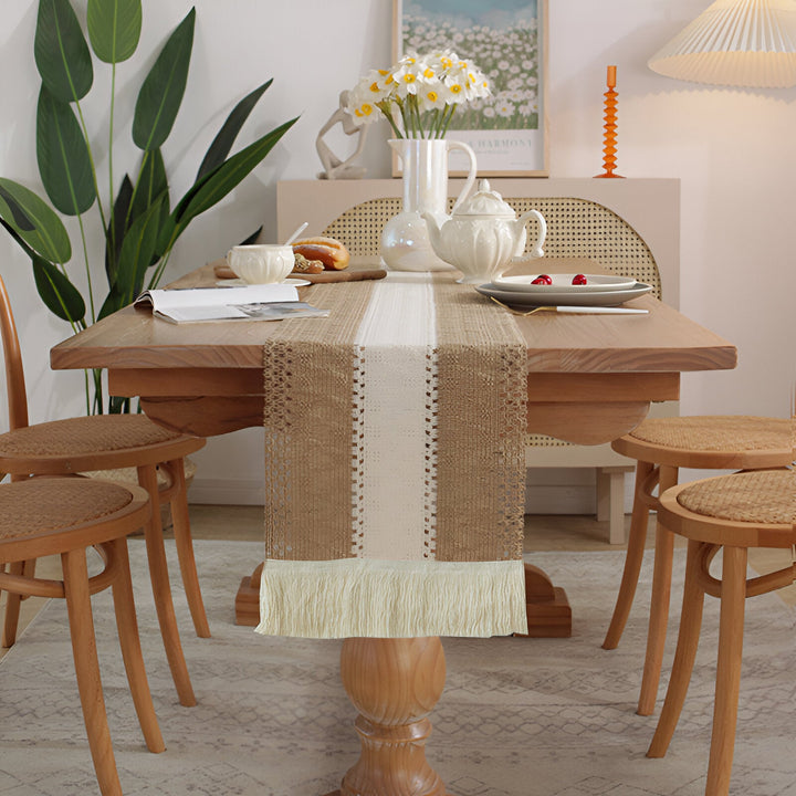 Boho Makrame Bomull Lin Table Runner med Frynser | Luvikno