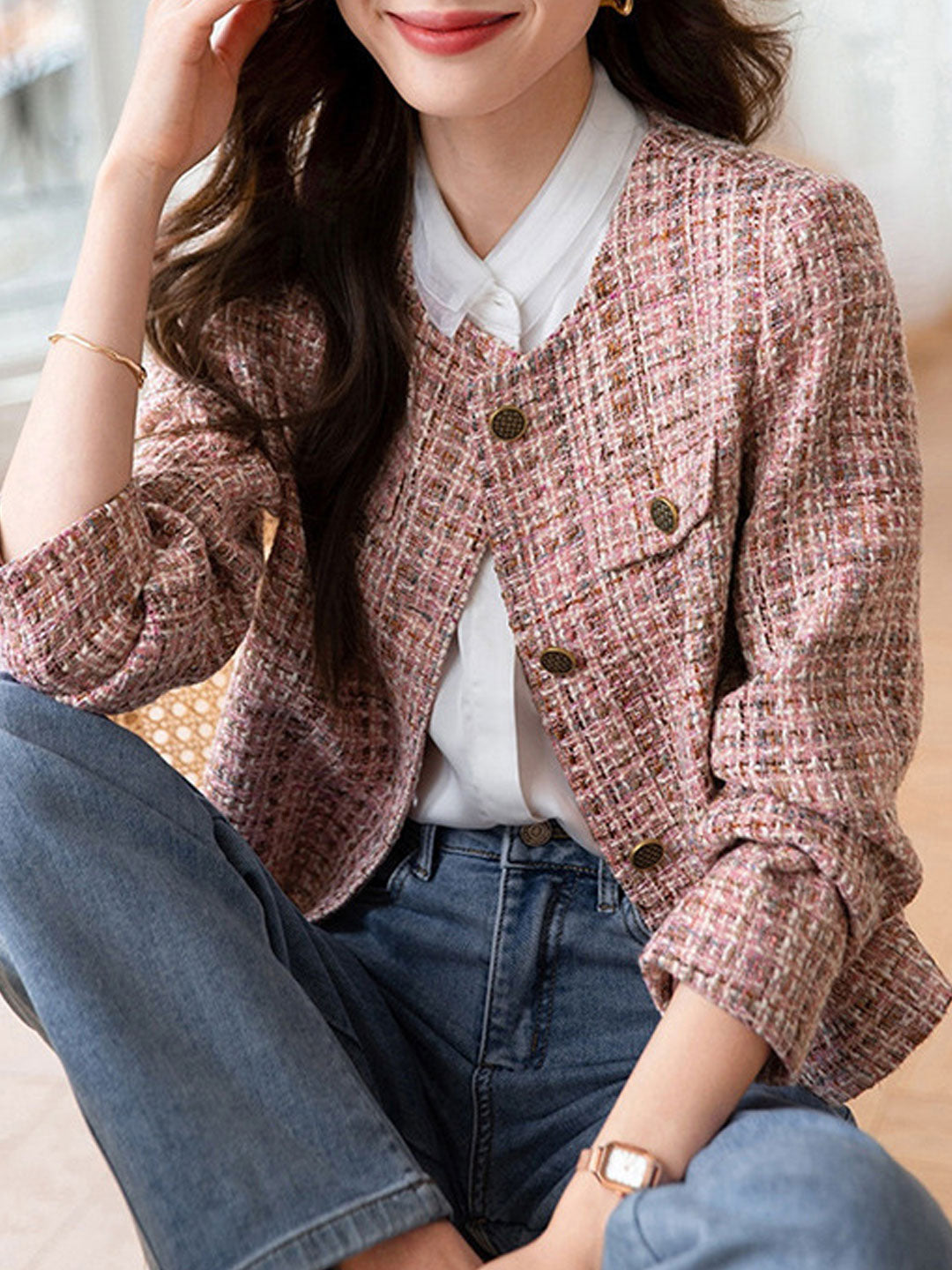 Luvik | Stylisk Rund Hals Rosa Tweed Jakke