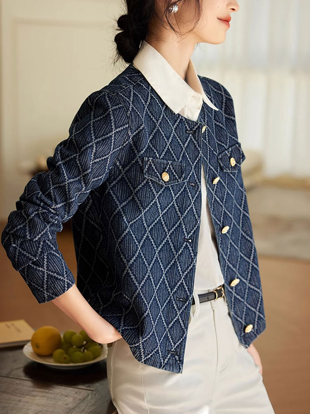 Luvik | Elegant Diamond Jacquard Denim Jakke