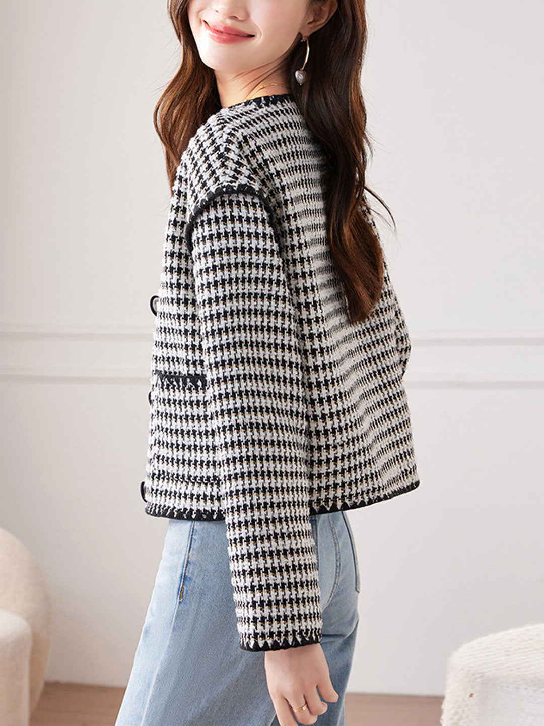 Luvik | Klassinen Pyöreä Kaulus Tweed Takki