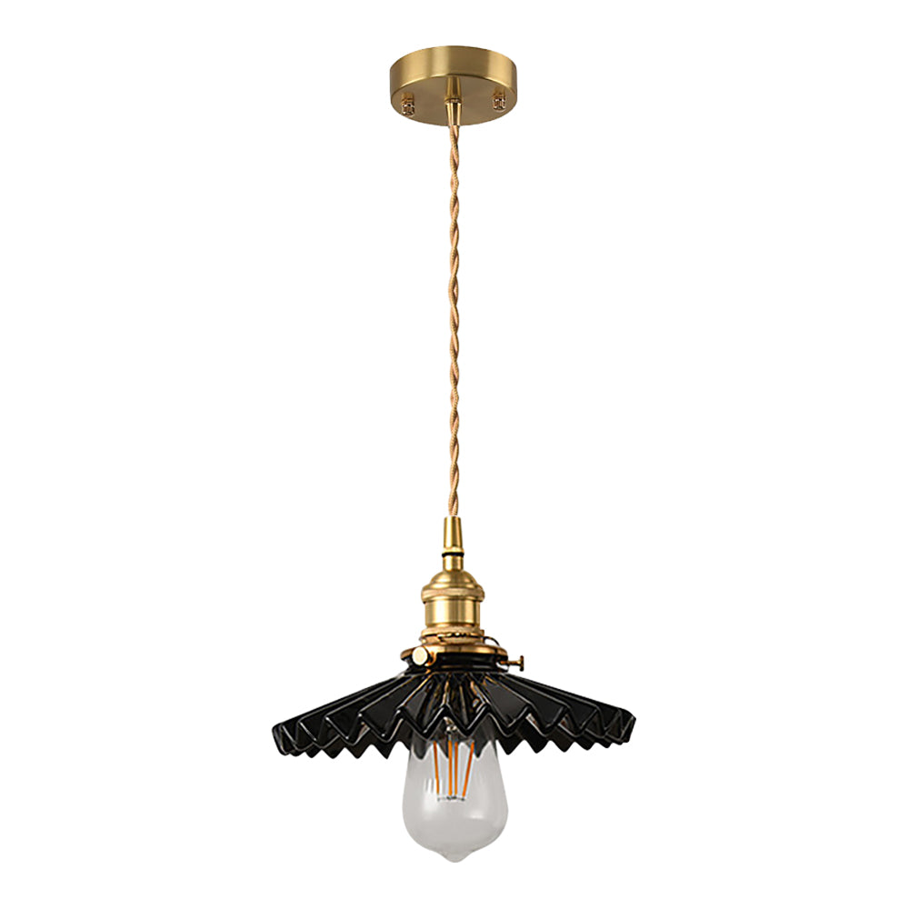 Vintage keramisk pendellampe med plissédesign – messing LED pendellampe for spisestue og stue | Luvikno