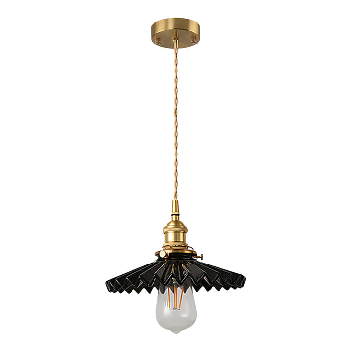Vintage keramisk pendellampe med plissédesign – messing LED pendellampe for spisestue og stue | Luvikno