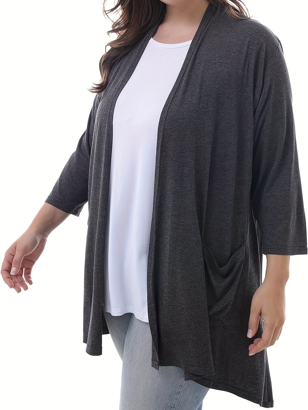 Luvik | Naisten Plus Size 3/4 Hiha Avoin Etu Liivi Taskuilla