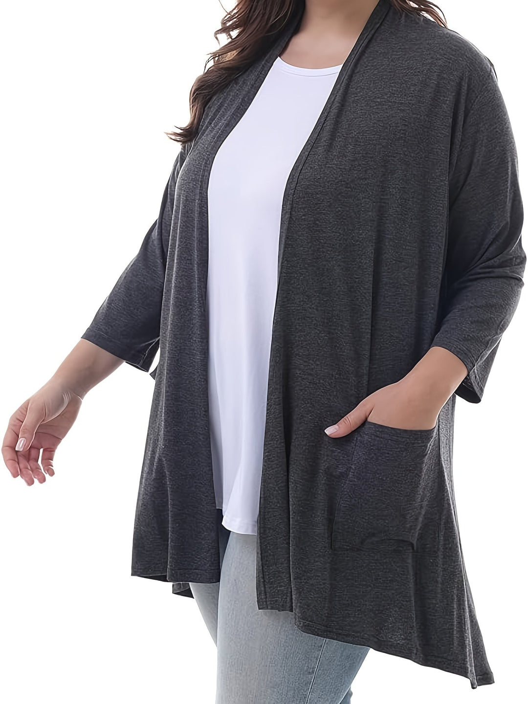 Luvik | Naisten Plus Size 3/4 Hiha Avoin Etu Liivi Taskuilla