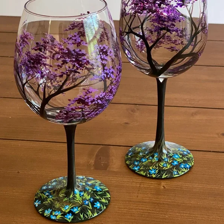 Fire Seasons Tree Vin Glass - Håndmalt Kunst | Luvikno