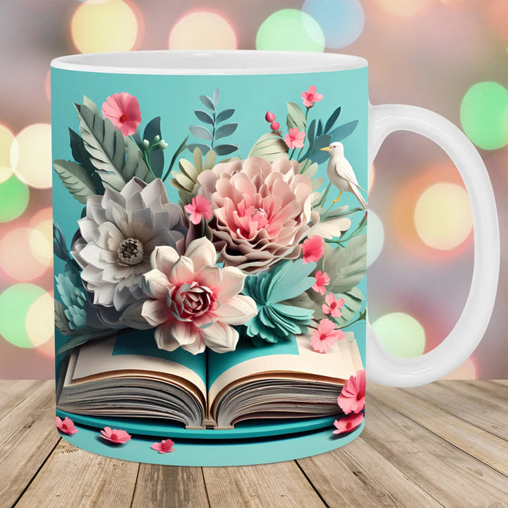 3D Kunstnerisk Vakker Floral Bøker Kaffe Krus - Bokelsker Gave | Luvikno