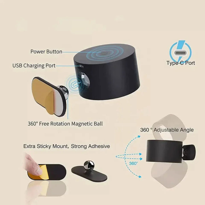 Luvikno | 360° Vegglampe – Trådløs, USB oppladbar & 3 lysnivåer for fleksibel belysning