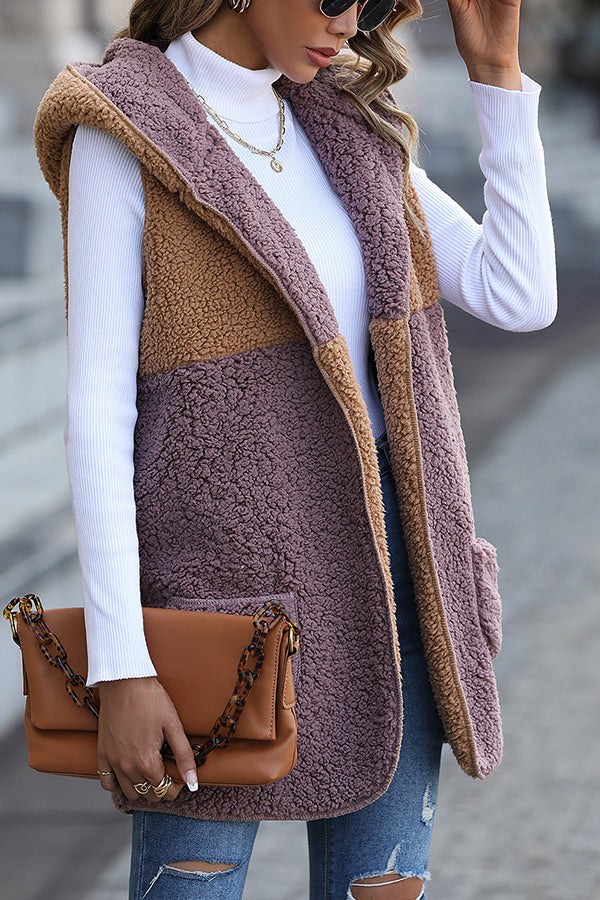 Luvik | Off-shoulder Colorblock-uten veske Mid-length Cardigan Puff-velour-jakke