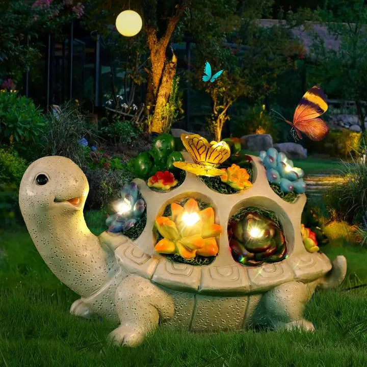 Luvikno | Solaro Skilpaddehage | Solarskilpadde Statue med LED & Sukkulenter | For Hage, Terrasse & Balkong