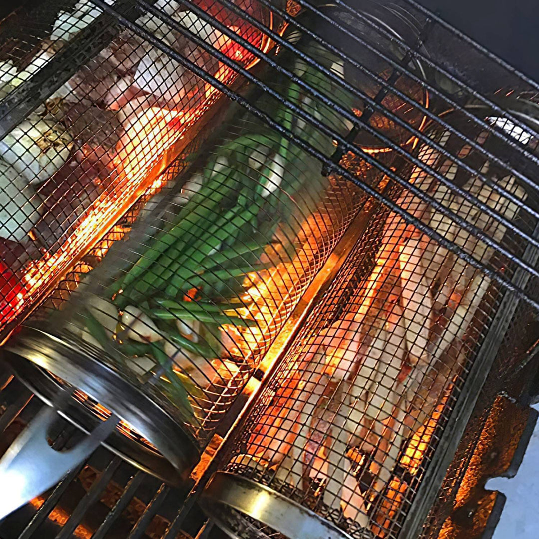 2-delt: Bærbar BBQ Rullevogn Rund Rustfritt Stål Grillbolle
