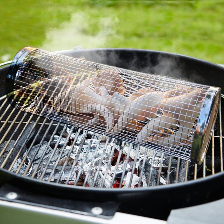 2-delt: Bærbar BBQ Rullevogn Rund Rustfritt Stål Grillbolle