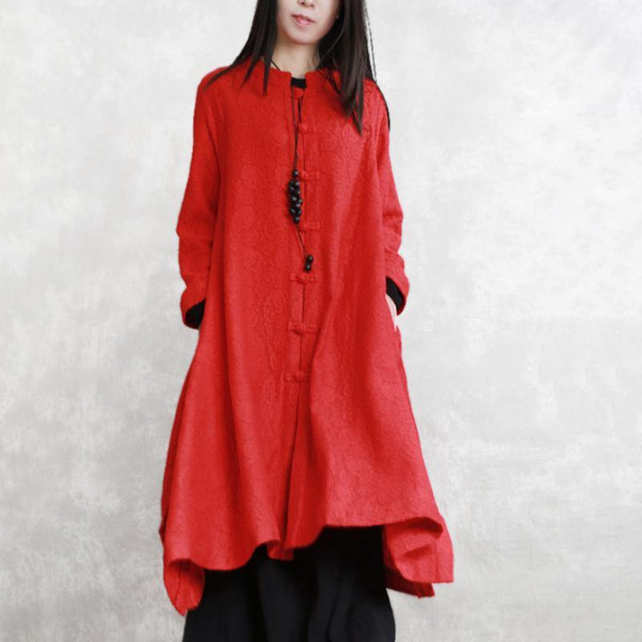 Luvik | røde oversized jakker Stand Jacquard maxi-jakke mote lange ermer lommer lang jakke