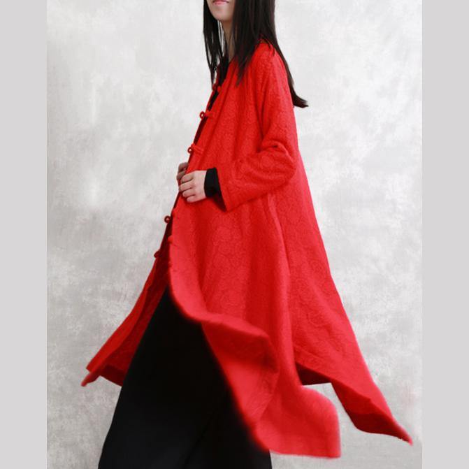 Luvik | røde oversized jakker Stand Jacquard maxi-jakke mote lange ermer lommer lang jakke