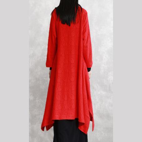 Luvik | røde oversized jakker Stand Jacquard maxi-jakke mote lange ermer lommer lang jakke