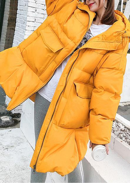 Luvik | oversized vinterjakke dun store lommer gul hette kvinner