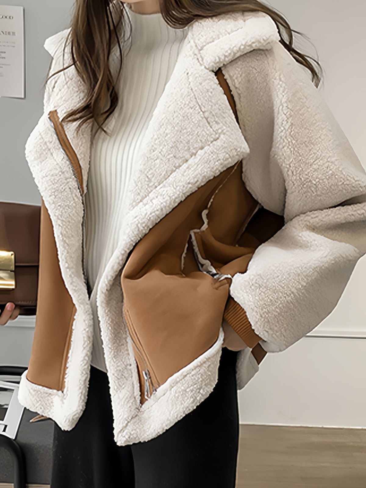 Luvik | Ylipitkä Vegaaninen Tekoturkki Nupukkinahk takki Läppäkollarilla