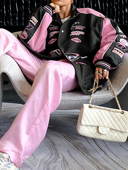 Luvik | Musta Vaaleanpunainen Raglan Moto Takki, jossa Tulostettu Slogan