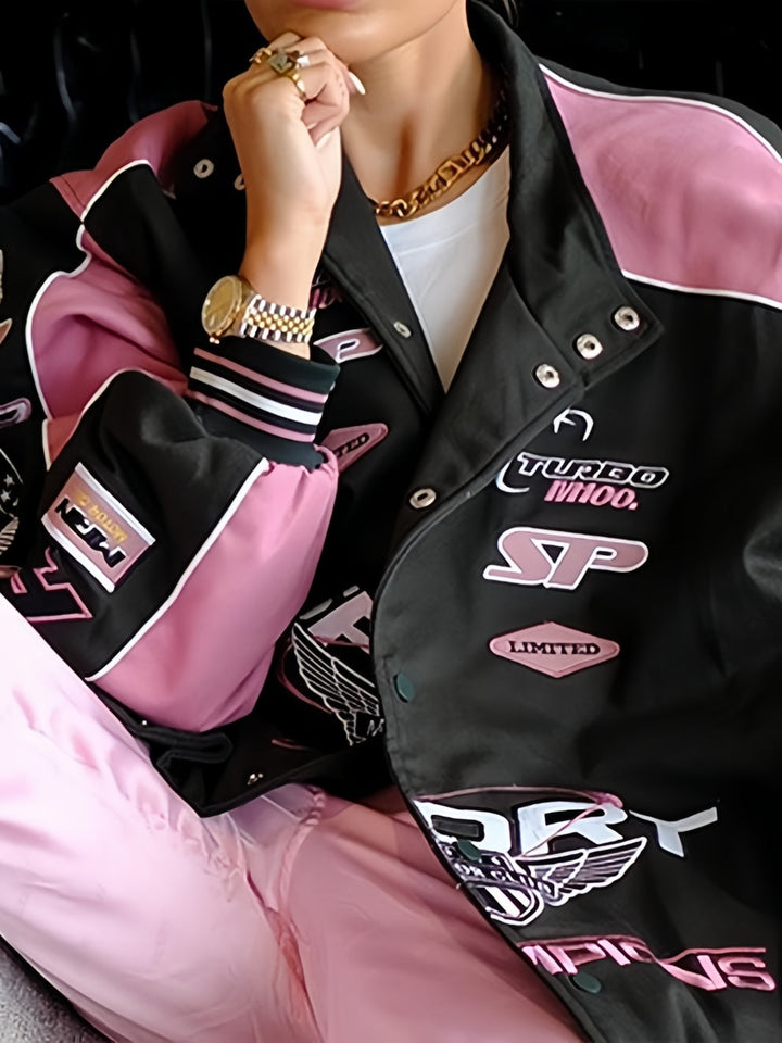 Luvik | Svart Rosa Raglan Moto Jakke, med Trykt Slogan
