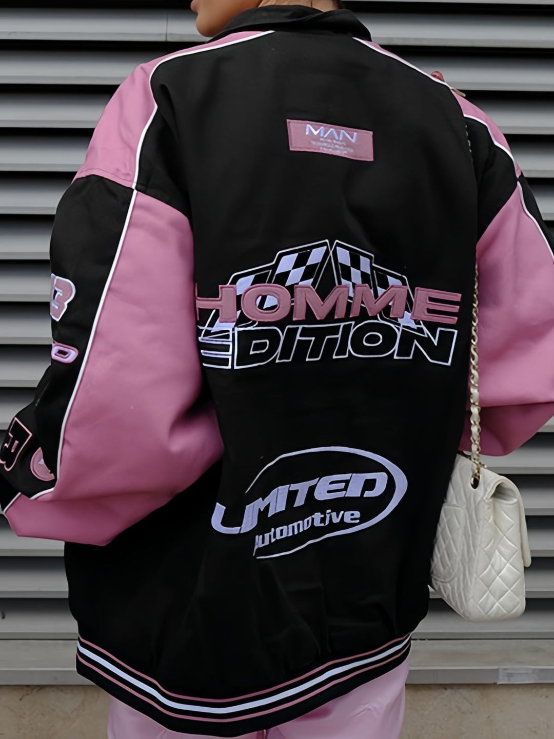 Luvik | Svart Rosa Raglan Moto Jakke, med Trykt Slogan