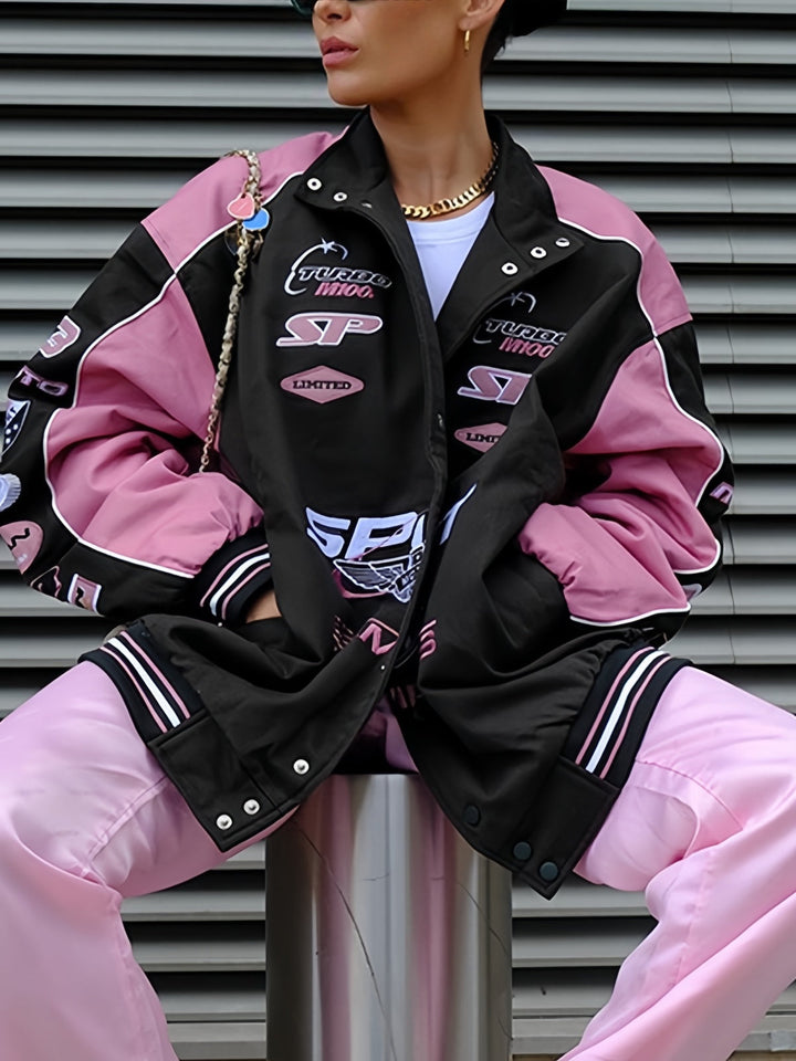 Luvik | Svart Rosa Raglan Moto Jakke, med Trykt Slogan