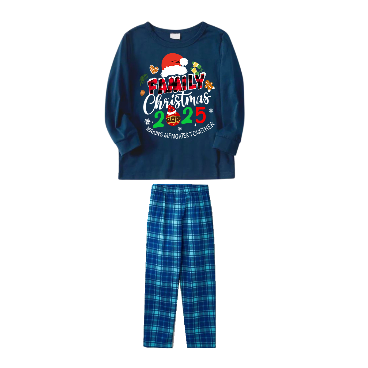 Luvik | Perhejoulu 2025 Luoda Muistoja Yhdessä Teksti Printti Sininen Pitkähihoinen Paita Sinisellä Ruudullisella Kuvioilla Perhesovitetut Pyjamat