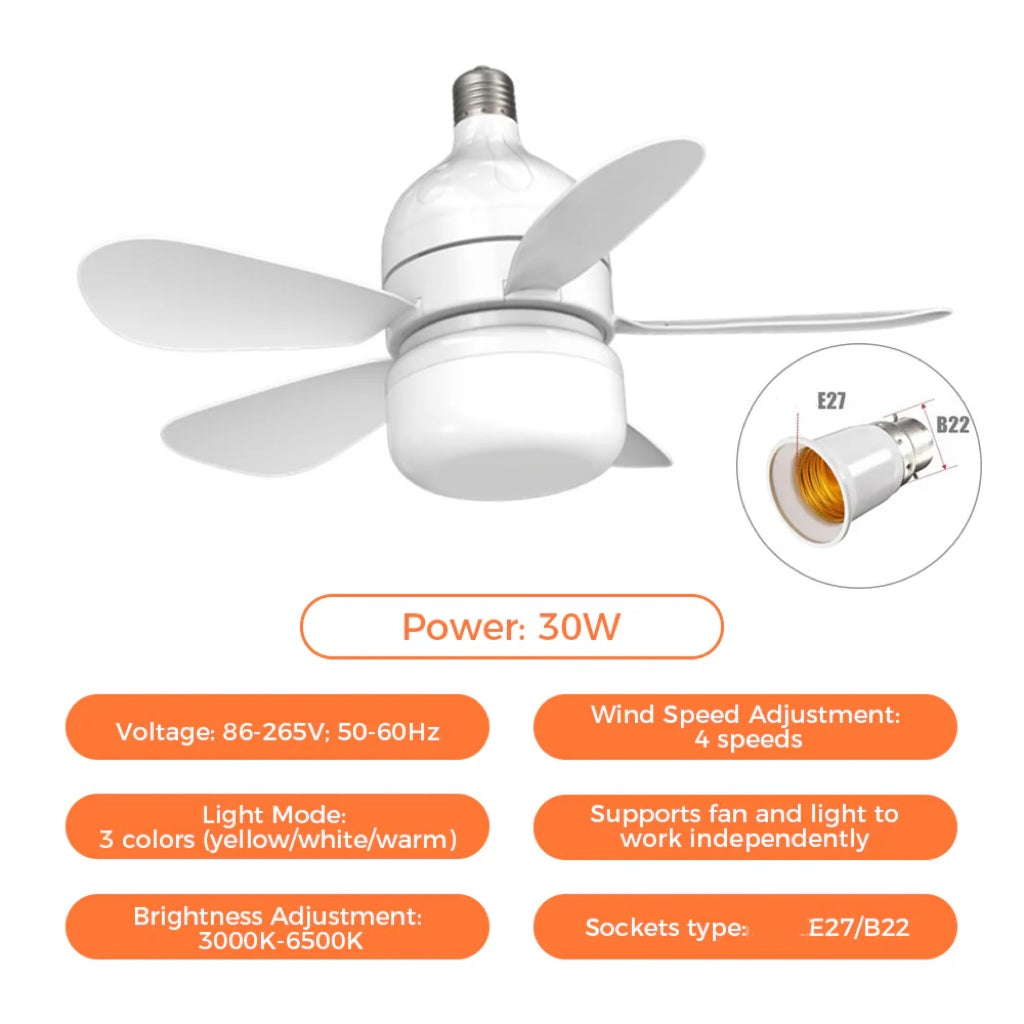 2-i-1 LED Taklampe Vifte med Fjernkontroll, E27/B22 Base | Luvikno
