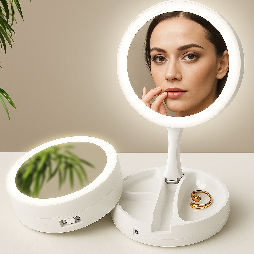 Sidet forstørrelsesspeil – LED-belysning – 10× forstørrelse – Sminke & plukking Luvikno