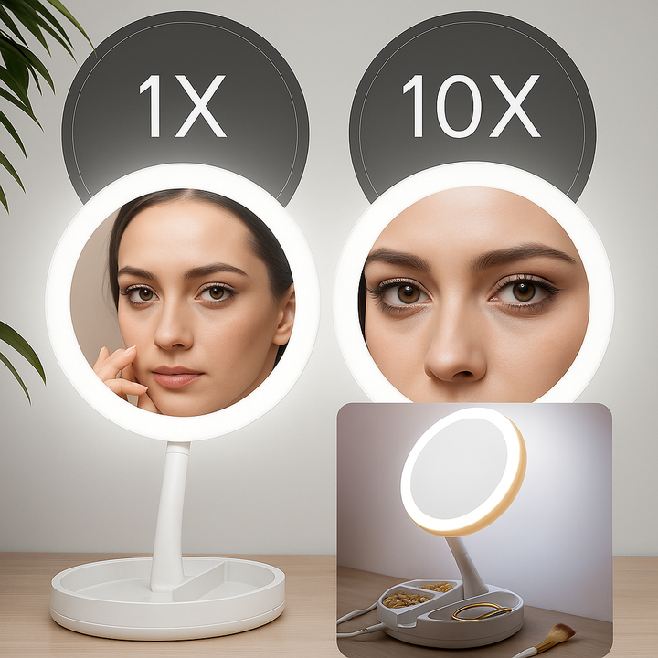 Sidet forstørrelsesspeil – LED-belysning – 10× forstørrelse – Sminke & plukking Luvikno