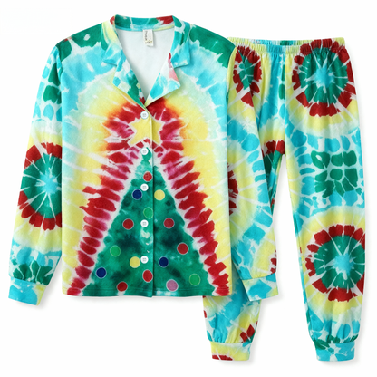 Luvik | Loma-perhe nappisuljennus vihreä & keltainen sidontakuvioinen joulupyjama-setti