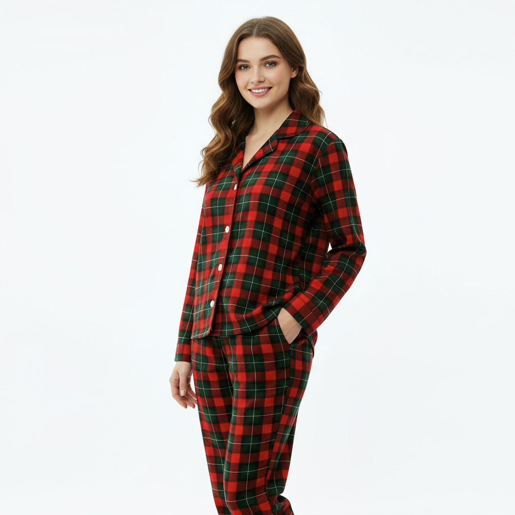 Luvik | Joulun punainen ja vihreä ruudullinen nappisuljenta perhe-iltapuvut