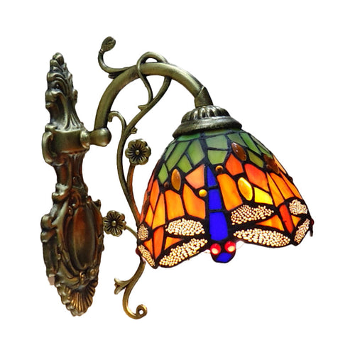 Luvikno | Håndkuttet Glass Damselflue Vegglampe Tiffany Stil 1 Lys Veggmontert Lysarmatur med Utskåret Bakplate
