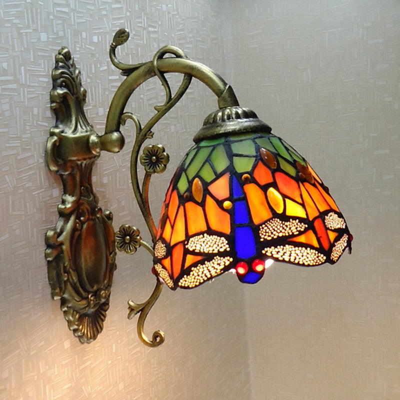 Luvikno | Håndkuttet Glass Damselflue Vegglampe Tiffany Stil 1 Lys Veggmontert Lysarmatur med Utskåret Bakplate