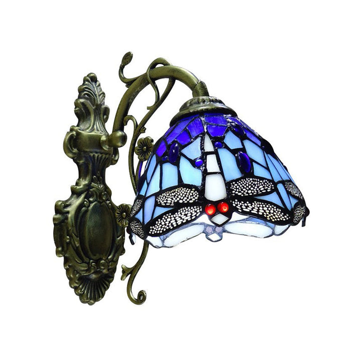 Luvikno | Håndkuttet Glass Damselflue Vegglampe Tiffany Stil 1 Lys Veggmontert Lysarmatur med Utskåret Bakplate