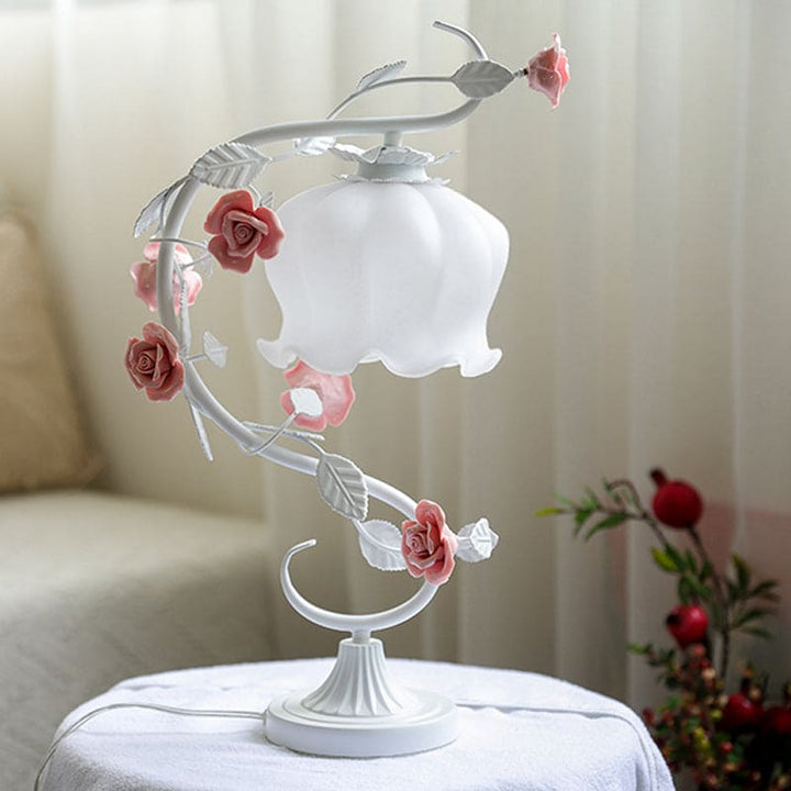 RoseLux - Håndlaget keramisk rose bordlampe | Pastoralt stil atmosfærisk belysning | Luvikno