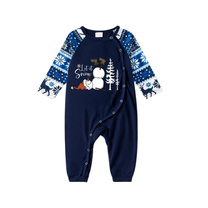 Luvik | "Let it Snow" -slogan ja lumiukko tulostettuna siniset joulupyjamat, jotka ovat yhteensopivassa designissa