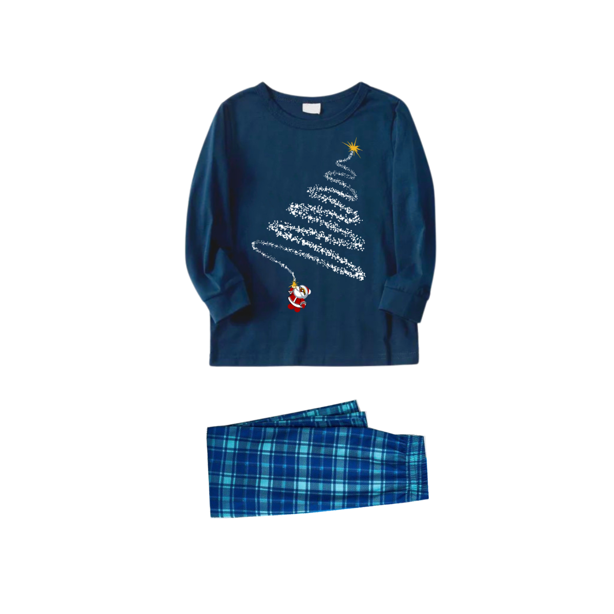 Luvik | Lapsenomaisessa joulupukki ja joulukuusi -kuvio sininen pitkähihaine paita sinivihreissä ruudullisissa perhepaidoissa ja yöpaita