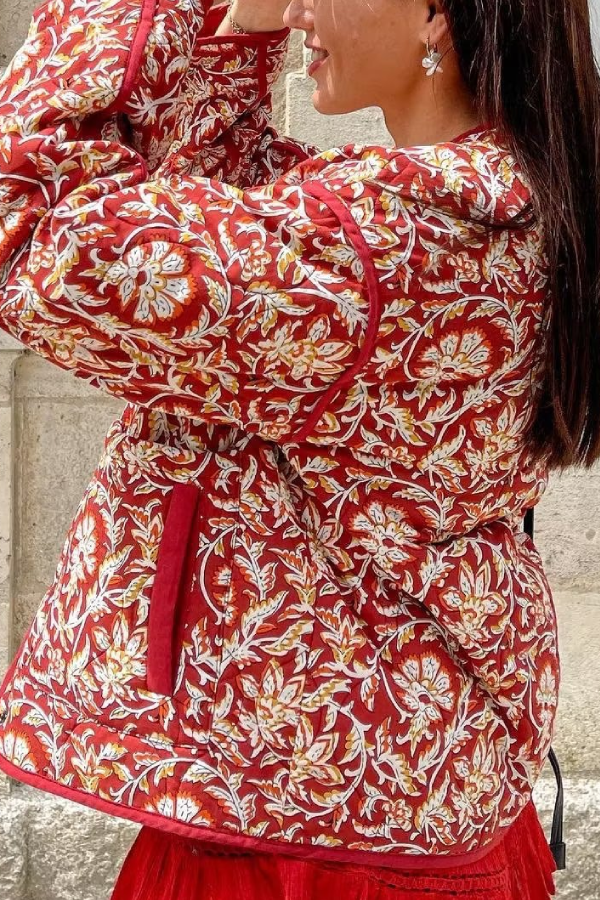 Luvik | Hals Floral Print Avslappet Fôret Bomullskåpe