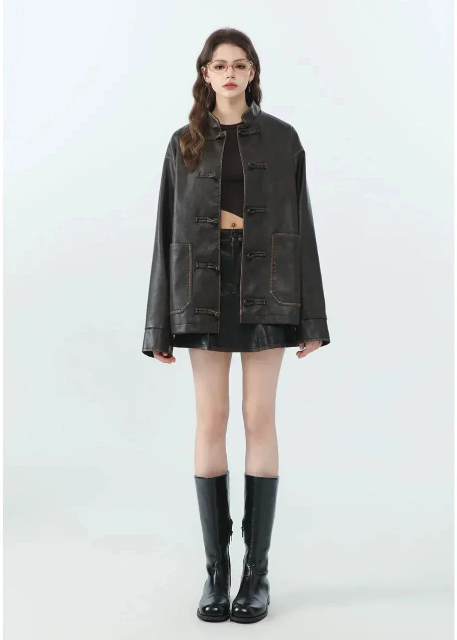 Luvik | Rento PU-nahkainen takki pystykauluksella