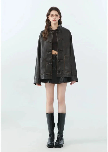 Luvik | Rento PU-nahkainen takki pystykauluksella