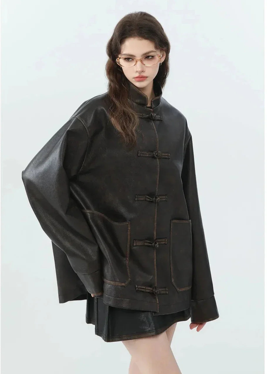 Luvik | Rento PU-nahkainen takki pystykauluksella