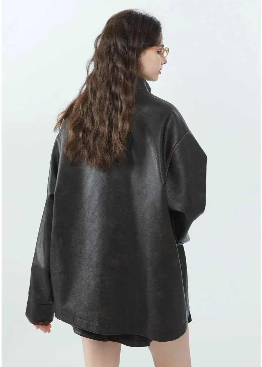 Luvik | Rento PU-nahkainen takki pystykauluksella