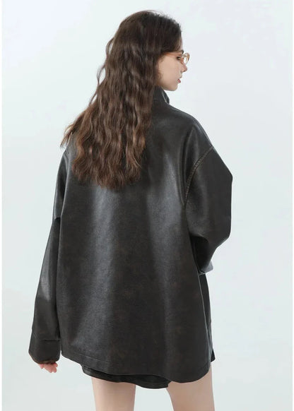 Luvik | Rento PU-nahkainen takki pystykauluksella