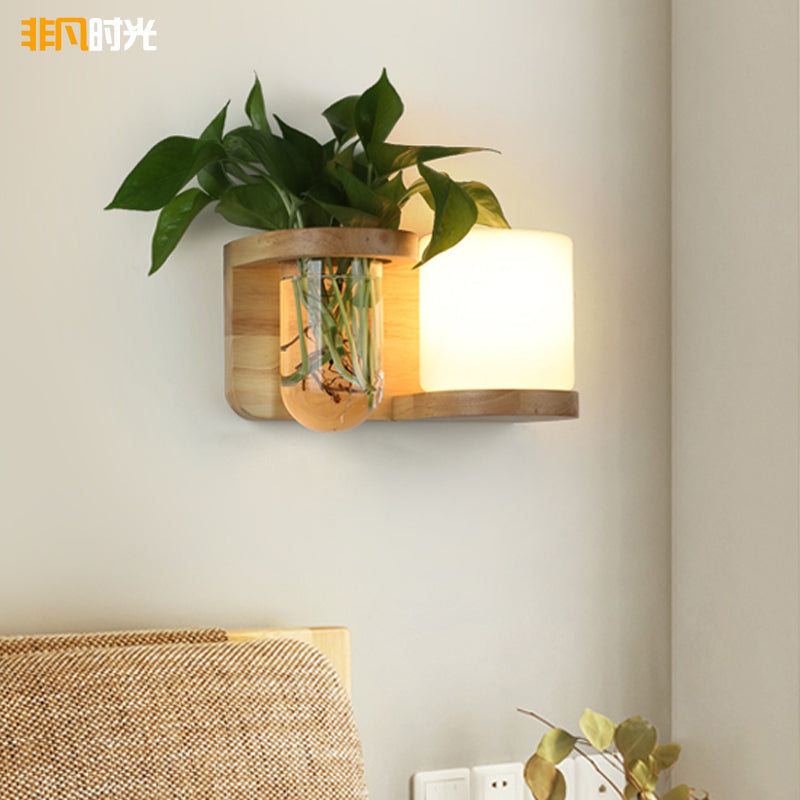 Krem Glass Cube Sconce Lampe Art Deco 1-pære Tre Veggmontert Lys med Hydrokponisk Plantekrukke | Luvikno