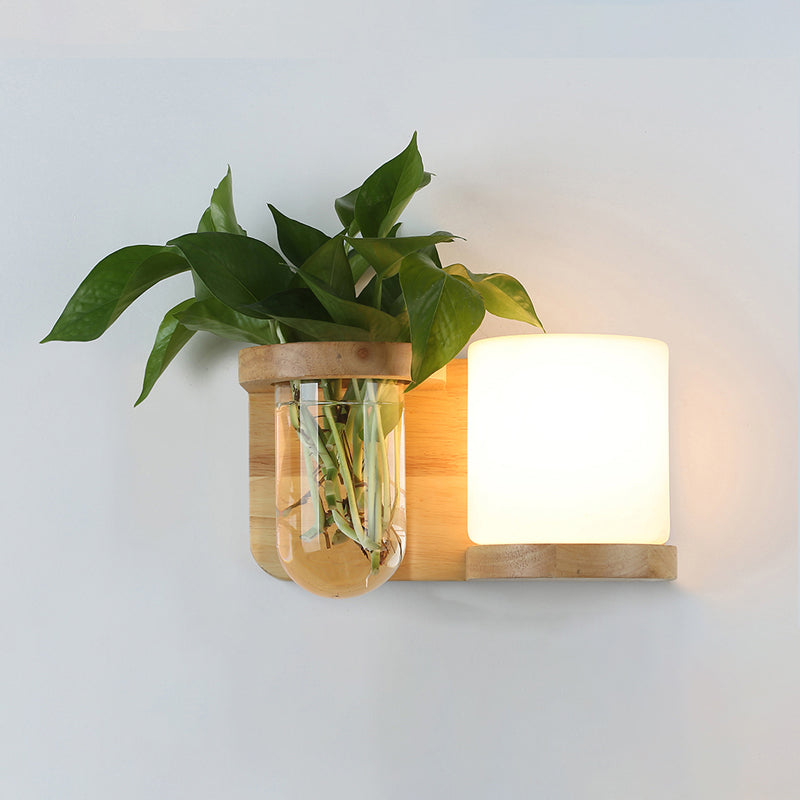 Krem Glass Cube Sconce Lampe Art Deco 1-pære Tre Veggmontert Lys med Hydrokponisk Plantekrukke | Luvikno