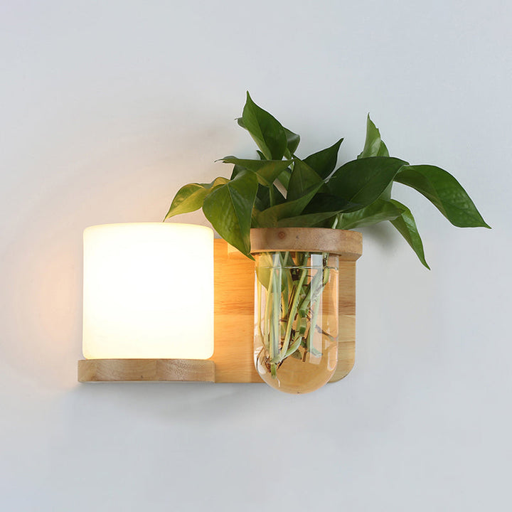 Krem Glass Cube Sconce Lampe Art Deco 1-pære Tre Veggmontert Lys med Hydrokponisk Plantekrukke | Luvikno