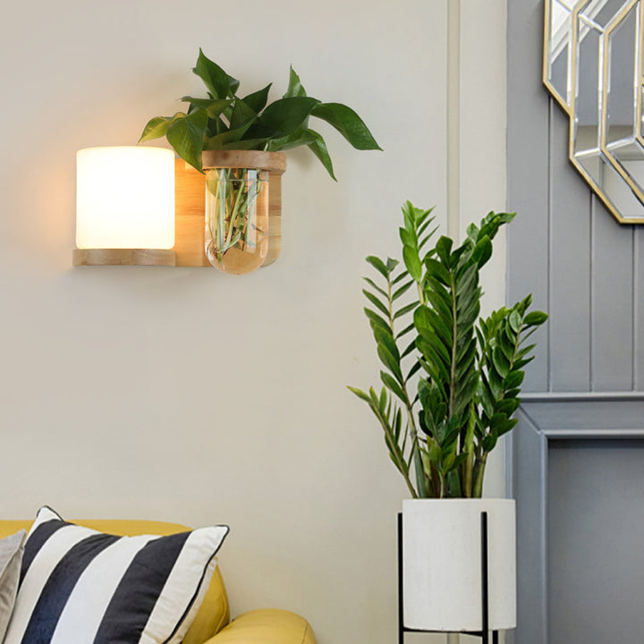 Krem Glass Cube Sconce Lampe Art Deco 1-pære Tre Veggmontert Lys med Hydrokponisk Plantekrukke | Luvikno